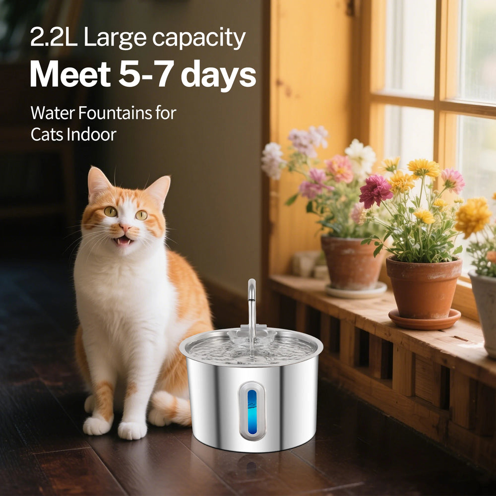 2.2L Stainless Steel Cat Water Fountain,Pet Water Dispenser With Filter,Dog Drinking Fountain For Cats,Ultra Quiet Water Pump