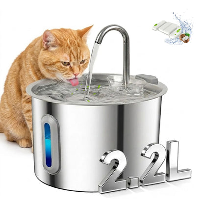 2.2L Stainless Steel Cat Water Fountain,Pet Water Dispenser With Filter,Dog Drinking Fountain For Cats,Ultra Quiet Water Pump